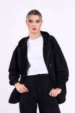 Kanguru Cepli Kapüşonlu Fermuarlı Oversize Kadın Sweatshirt