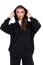 Kanguru Cepli Kapüşonlu Fermuarlı Oversize Kadın Sweatshirt