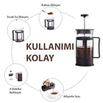 Kanji 350 ml Cam French Press – Isıya Dayanıklı Cam, Paslanmaz Çelik Filtreli, Siyah Renkli Kahve ve Bitki Çayı Demliği