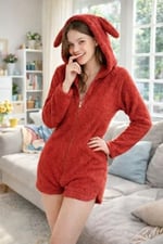 Kapüşonlu Kulaklı Peluş Şort Tulum – Yumuşak, Sıcak ve Konforlu Ev Giyimi- Fermuarlı - Bedenler: S, M, L, XX-Large, XL