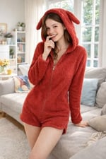 Kapüşonlu Kulaklı Peluş Şort Tulum – Yumuşak, Sıcak ve Konforlu Ev Giyimi- Fermuarlı - Bedenler: S, M, L, XX-Large, XL