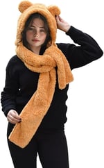 Kapüşonlu Peluş Bere, Pelüş Atkı,Rüzgar Geçirmez Atıkı, Yumuşacık Welsoft Polar Boyunluk Şalı,Pelüş Boyunluk,Ayıcıklı Atkı