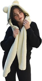Kapüşonlu Peluş Bere, Pelüş Atkı,Rüzgar Geçirmez Atıkı, Yumuşacık Welsoft Polar Boyunluk Şalı,Pelüş Boyunluk,Ayıcıklı Atkı