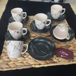 Keramika Kahve Fincan Takımı 12 Parça 6 Kişilik Mermer Desen Mat Siyah Krem Stoneware