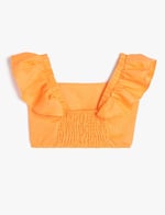 Keten Crop Bluz Kelebek Kollu Kare Yaka
