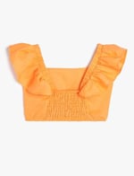 Keten Crop Bluz Kelebek Kollu Kare Yaka
