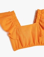 Keten Crop Bluz Kelebek Kollu Kare Yaka