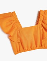 Keten Crop Bluz Kelebek Kollu Kare Yaka