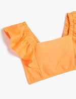 Keten Crop Bluz Kelebek Kollu Kare Yaka