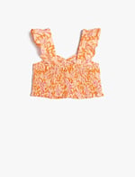Keten Crop Bluz Kolsuz Çiçekli Gipe Detaylı