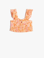 Keten Crop Bluz Kolsuz Çiçekli Gipe Detaylı