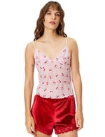 Kiraz Baskılı Askılı Pijama Üstü Kalp Yaka Rahat Kalıp