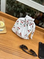Kiraz Desenli Çevre Dostu Bez Kese,Keten Büzgülü İpli Düzenleyici Kese,Hediye Kesesi,Makyaj Çantası