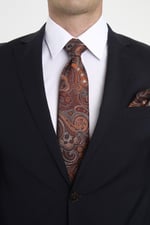 Kiremit Beyaz Şal Motif Desen Kravat Mendil Set