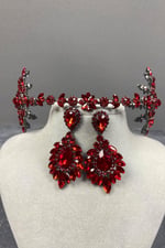 Kırmızı Çift Taraflı Selen Model Kına Gelin Tacı Ve Mekikli Küpe Takımı
