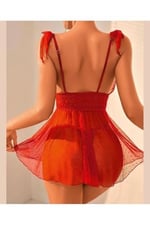 Kırmızı Puantiyeli Transparan Derin Dekolte Gecelik Takım-1015 Kırmızı L/XL
