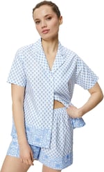 Kısa Kollu Pijama Üstü Çiçekli Düğmeli Gömlek Yaka Pamuklu