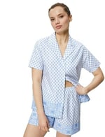 Kısa Kollu Pijama Üstü Çiçekli Düğmeli Gömlek Yaka Pamuklu