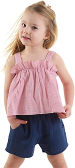 Kız Bebek Çocuk Pembe Müslin Bluz Şort Takım