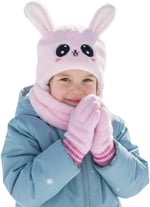 Kız Çocuk Kulaklı Bere Boyunluk Takım – Sevimli Tavşan Desenli Polar Kışlık Şapka & Atkı, 3-9 Yaş