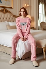Kız Çocuk Puantiyeli Polar Pijama Sevimli Koala Baskılı Fonksiyonel Dayanıklı Kaliteli Şık - Bedenler: S, M, L
