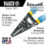 Klein Tools 11055 Klein Tools Kavisli Kablo Sıyırma Pensesi/Tel Kesici, Sarı Şeritli Mavi, 10-20 ga., 10-18 AWG Masif, 12-20 AWG, Kıvrılmış