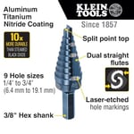 Klein Tools KTSB03 Kademeli Matkap Ucu - Yüksek Hız Çeliği - 2 Oluklu - Alüminyum Titanyum Nitrür Kaplama - 1/4
