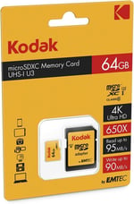 KODAK Adaptörlü 64GB UHS-I U3 V30 A1 Ekstra Performans microSD