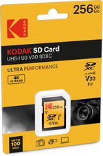Kodak SD kart 256 GB UHS-I U3 V30 SDHC/XC – Hafıza kartı – Okuma hızı 95 MB/s'ye kadar – Yazma hızı maks. 85 MB/s – 4K Ultra HD Video ve HD Fotoğraf Kaydetme – SD Kart