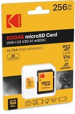Kodak Ultra microSD hafıza kartı 256 GB, UHS-I U3 V30 A1, 95 MB/s'ye kadar okuma hızı ve 85 MB/s'ye kadar yazma hızı, SD adaptörü dahil