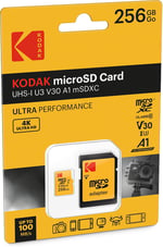 Kodak Ultra microSD hafıza kartı 256 GB, UHS-I U3 V30 A1, 95 MB/s'ye kadar okuma hızı ve 85 MB/s'ye kadar yazma hızı, SD adaptörü dahil