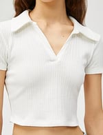 Koton Crop Tişört Polo Yaka Kısa Kollu Dokulu Tişört Kadın