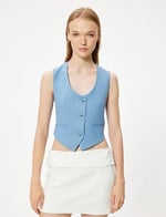 Koton Keten Karışımlı Yelek Kolsuz Fleto Cepli Düğmeli V Yaka Slim Fit