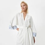 Koton Uzun Oversize Kimono Keten Karışımlı Kemer Detaylı Floral Desen Detaylı