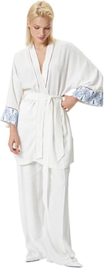 Koton Uzun Oversize Kimono Keten Karışımlı Kemer Detaylı Floral Desen Detaylı