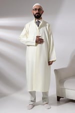 Krem Erkek Namaz Elbisesi Düz Desensiz Hakim Yaka İmam Cübbesi