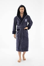 Krem Kapüşonlu Sports Nakışlı BambuPamuklu Erkek Bornozu FÜME L/XL