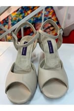 KREM KEBELEK MODEL LATİN-SALSA-TANGO DANS VE SALON AYAKKABIS 7,5 CM 11 PONT KADEH MODEL KAPALI TOPUK