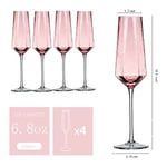 Kristal Şampanya Flüt 236 ml Pembe Düğün Şampanya Kadehleri Şık Şampanya Flüt Zarif 4'lü Set Düğün Yıl Dönümü Noel için (Pembe)
