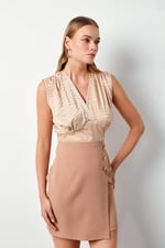 Kruvaze Desenli Saten Bluz - Camel