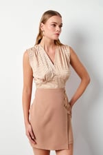 Kruvaze Desenli Saten Bluz - Camel