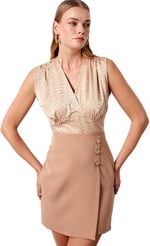 Kruvaze Desenli Saten Bluz - Camel