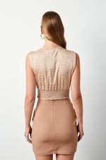 Kruvaze Desenli Saten Bluz - Camel