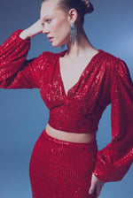 Kruvaze Payetli Crop Bluz - Kırmızı