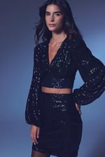 Kruvaze Payetli Crop Bluz - Siyah