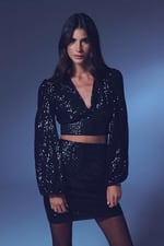 Kruvaze Payetli Crop Bluz - Siyah