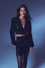 Kruvaze Payetli Crop Bluz - Siyah