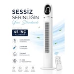 Kule Tipi Vantilatör 45 İnç, Uzaktan Kumandalı, 3 Hız Kademeli, 3 Modlu (Normal/Doğal/Uyku), Salınımlı, Dokunmatik Kontrollü, 24 Saat Zamanlayıcılı, Beyaz