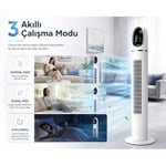 Kule Tipi Vantilatör 45 İnç, Uzaktan Kumandalı, 3 Hız Kademeli, 3 Modlu (Normal/Doğal/Uyku), Salınımlı, Dokunmatik Kontrollü, 24 Saat Zamanlayıcılı, Beyaz