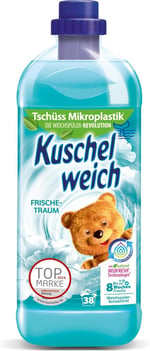 Kuschelweich Yumuşatıcı, tazelik odası, cilde uygunluğu dermatolojik olarak onaylanmıştır, yumuşatıcı Kuschelweich mikro plastik içermez, 1 litre 38 yıkama yüküne kadar, 1037,48 gram